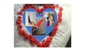 Rose petal heart with photos of the Zumio clitoral stimulator, Fun Factory Volta and Doxy mains-powered wand.