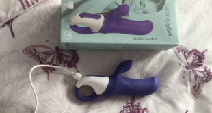 Satisfyer Vibes Magic Bunny Purple and White Silicone rabbit vibrator with outer packaging