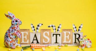 Easter graphic with textile bunnies and mini eggs